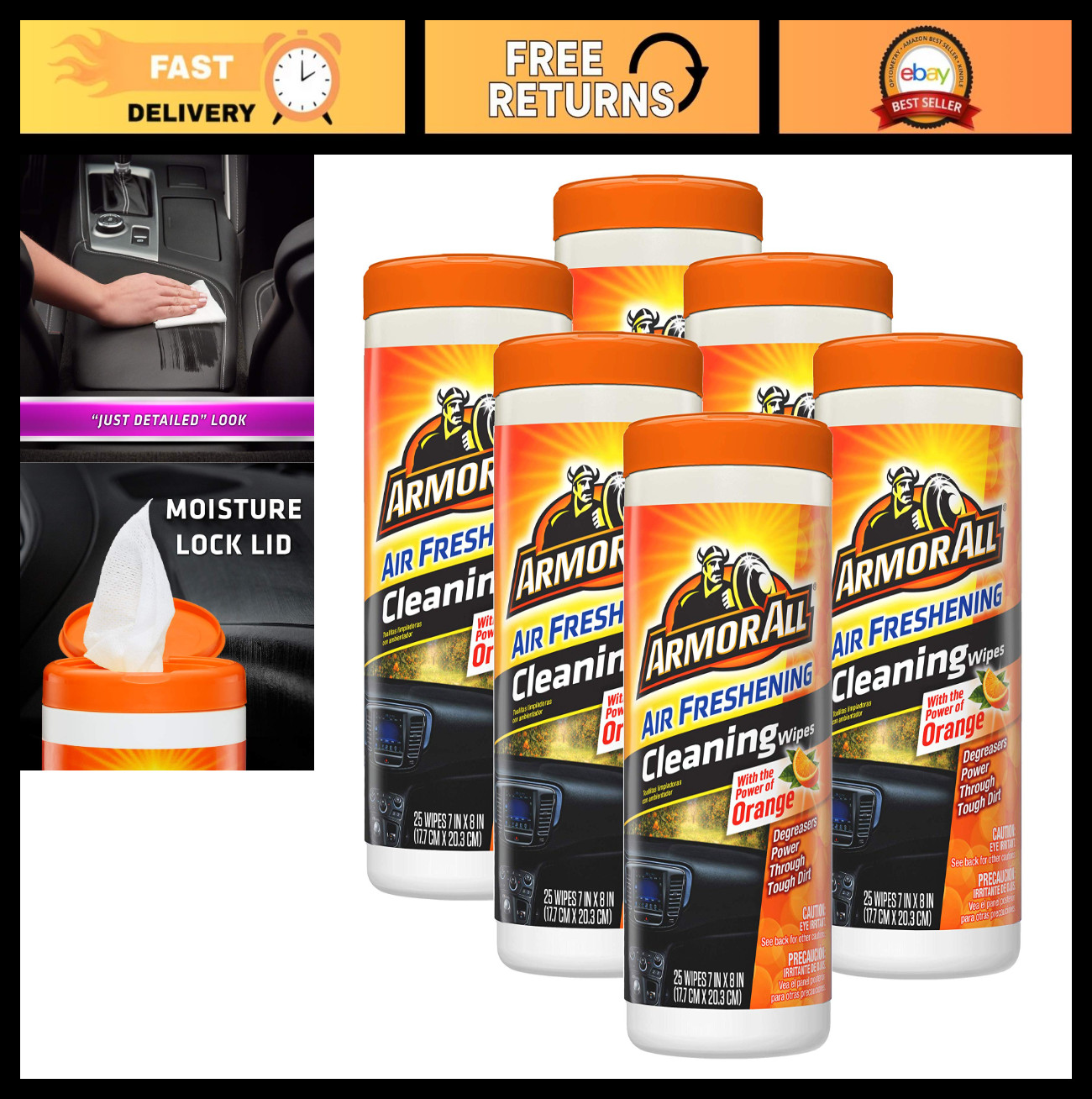 Lint-Free Orange Air Freshening Car Cleaning Wipes – 6 Pack, Auto Detailing Supp