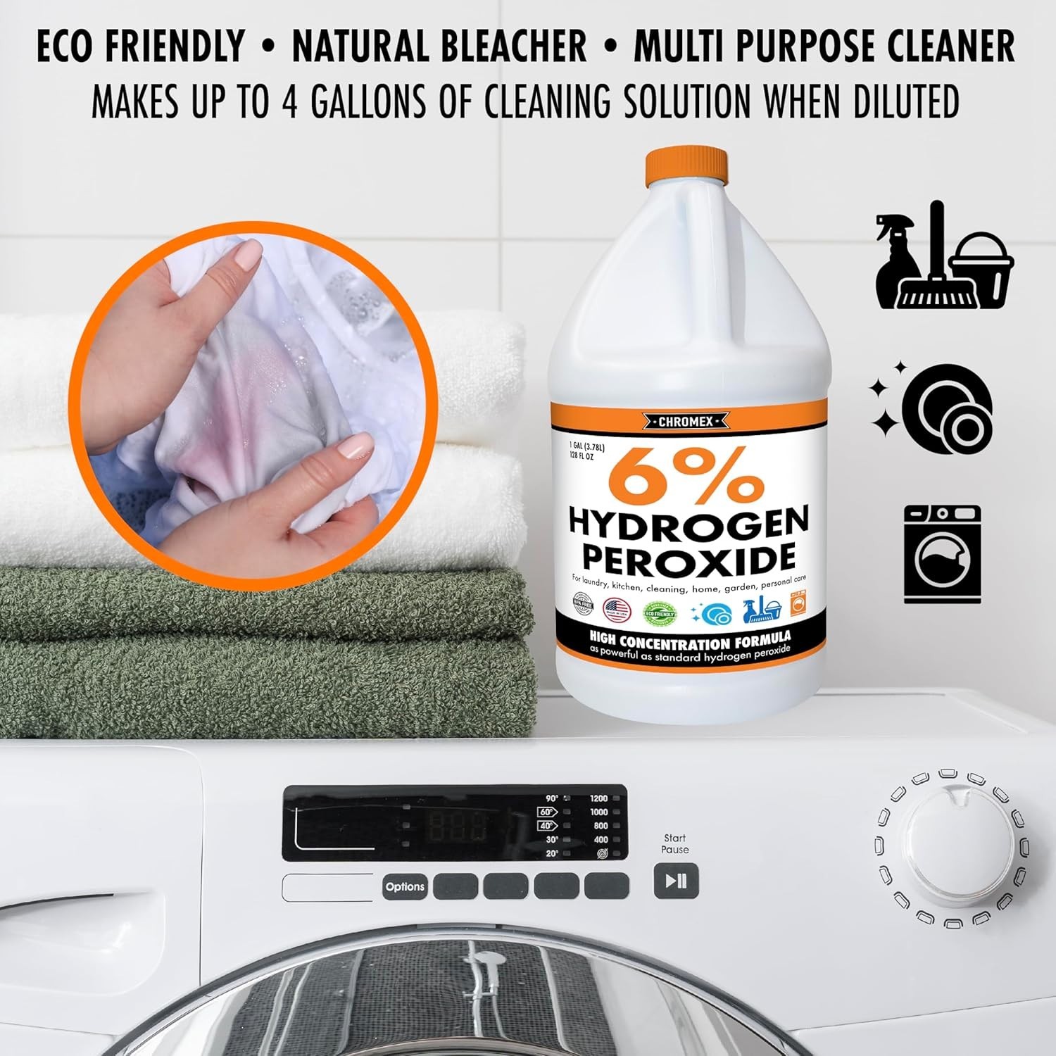 Chromex 6% Hydrogen Peroxide, Food Grade, Home, Kitchen, Bath Cleaner – 1 Gallon