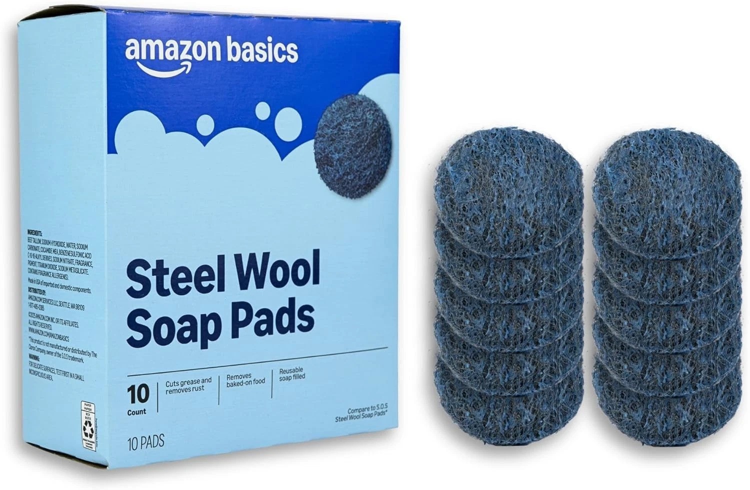 Powerful Steel Wool Soap Pads (10 Count) for Grease & Rust Removal, Reusable