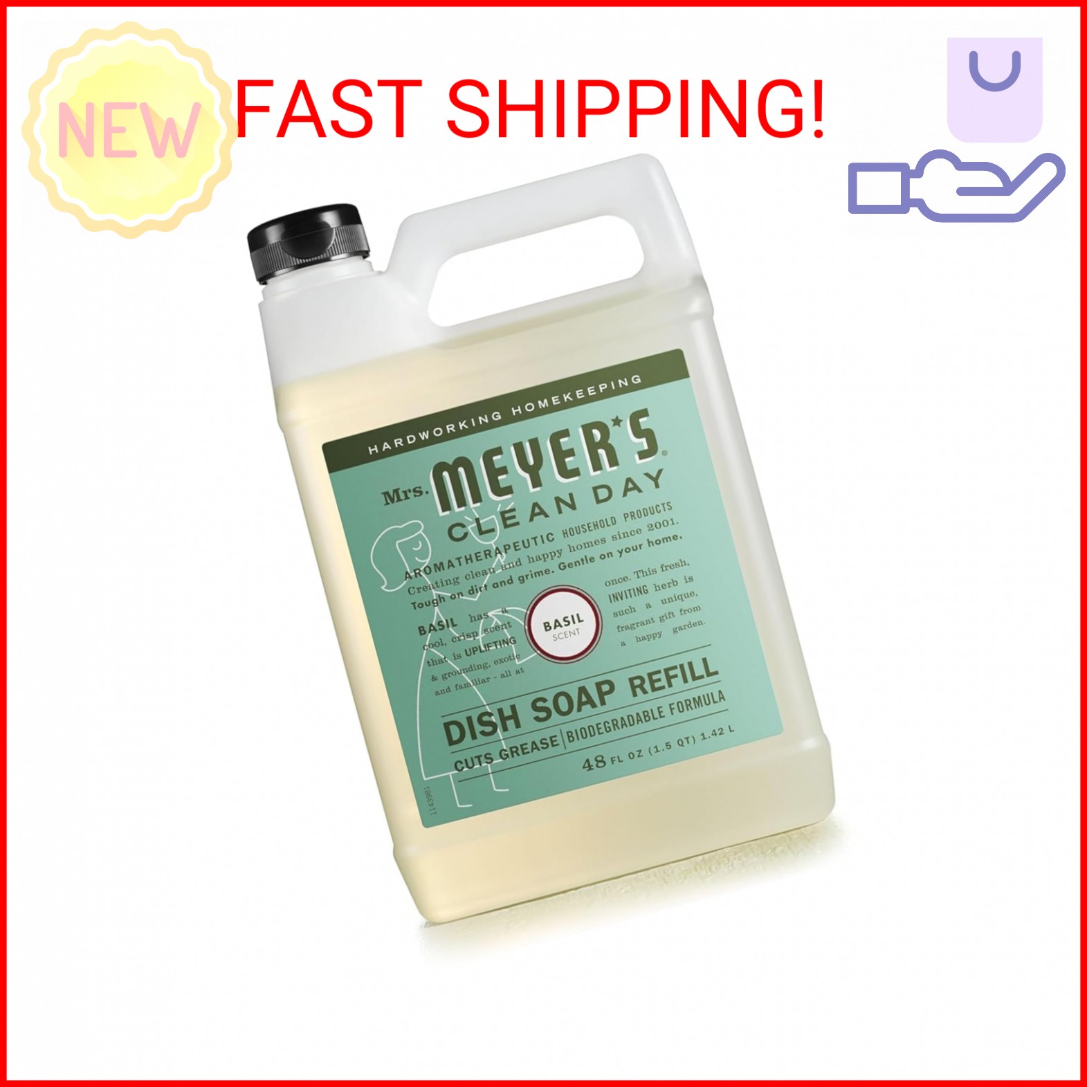 MRS. MEYER’S CLEAN DAY Liquid Dish Soap Refill, Biodegradable Formula, Basil, 48