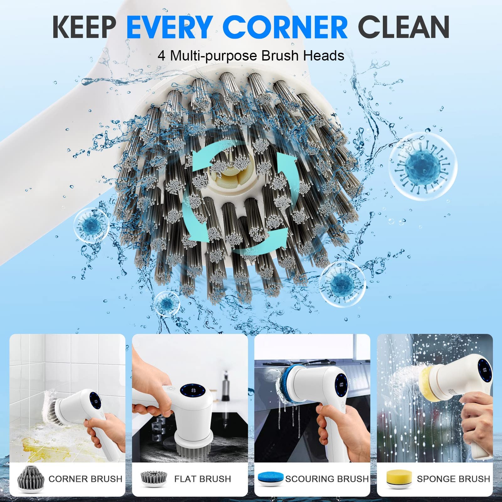 Electric Spin Scrubber Power Cleaning Brush Shower Scrubber With Digital Display