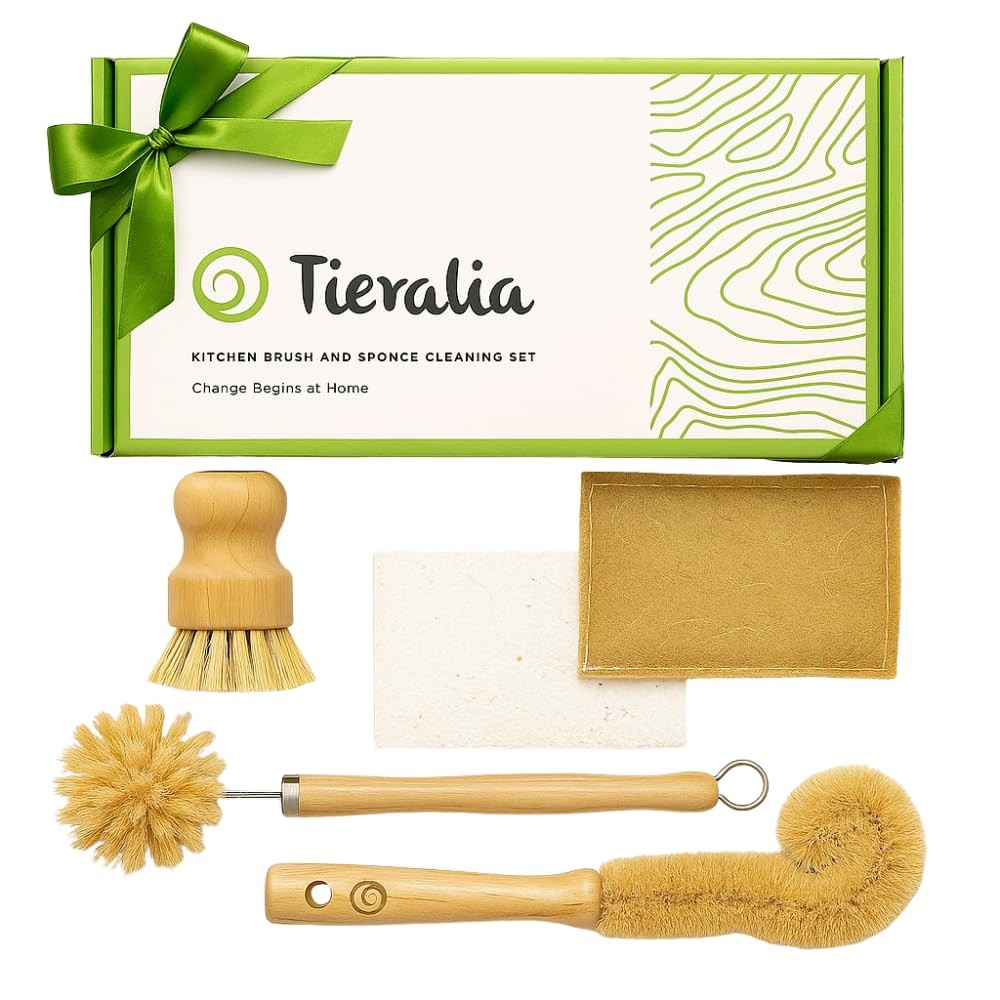 5piece Ecofriendly Bamboo Dish Brush Set With Compostable Wood Pulp Sponges | Ba