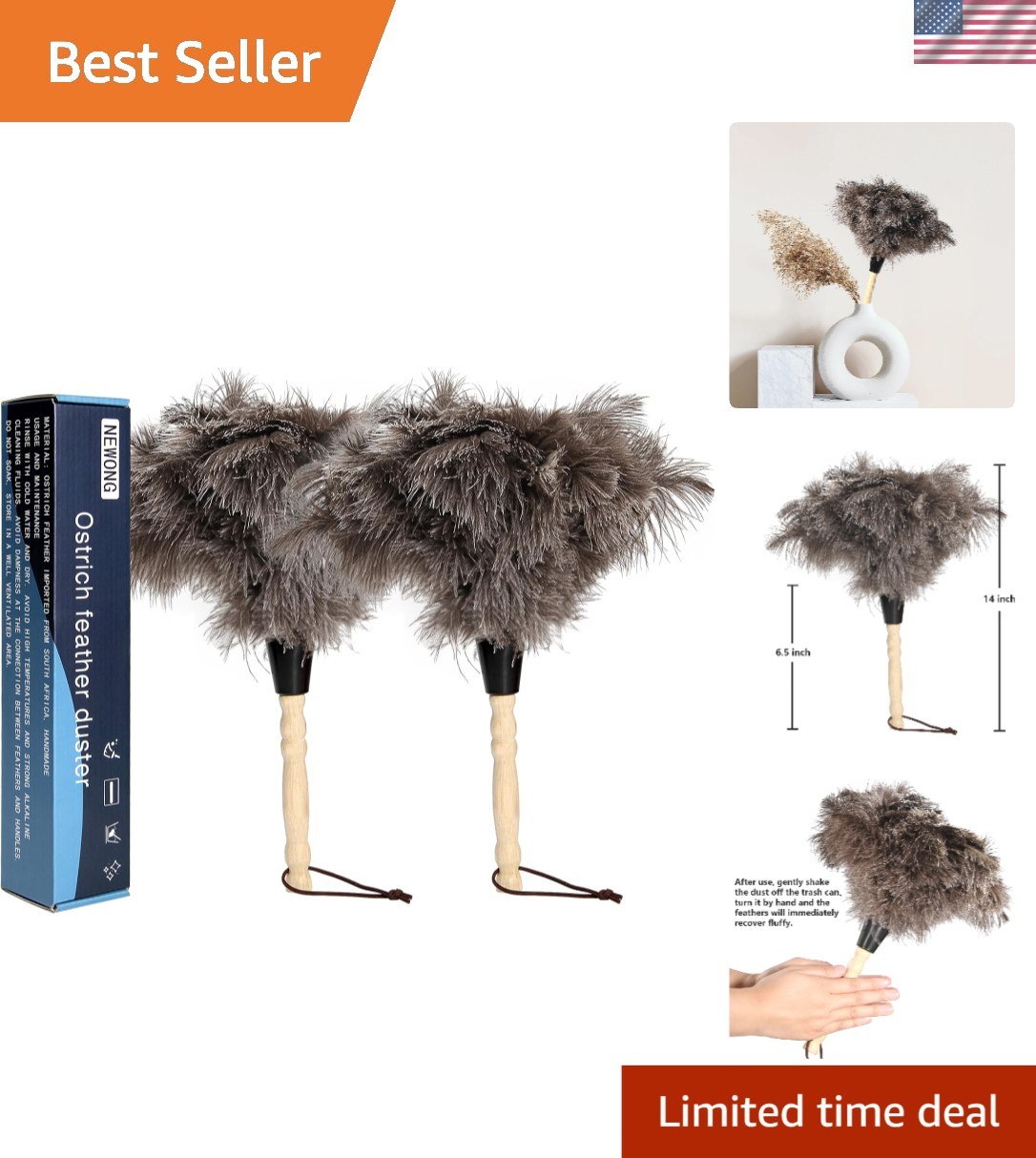 Ostrich Feather Duster 2pcs Natural Feathers with Wooden Handle for Cleaning