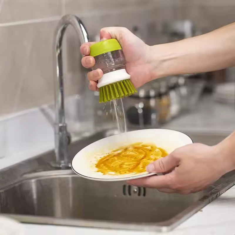 Soap Dispensing Dish Brush: Multi-Use Kitchen Scrub Brush with Tray
