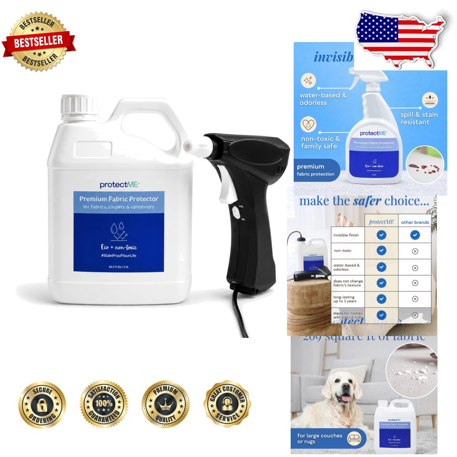 Non-Toxic Fabric Protector 84.5oz + Sprayer, Repels Liquids, Easy Application
