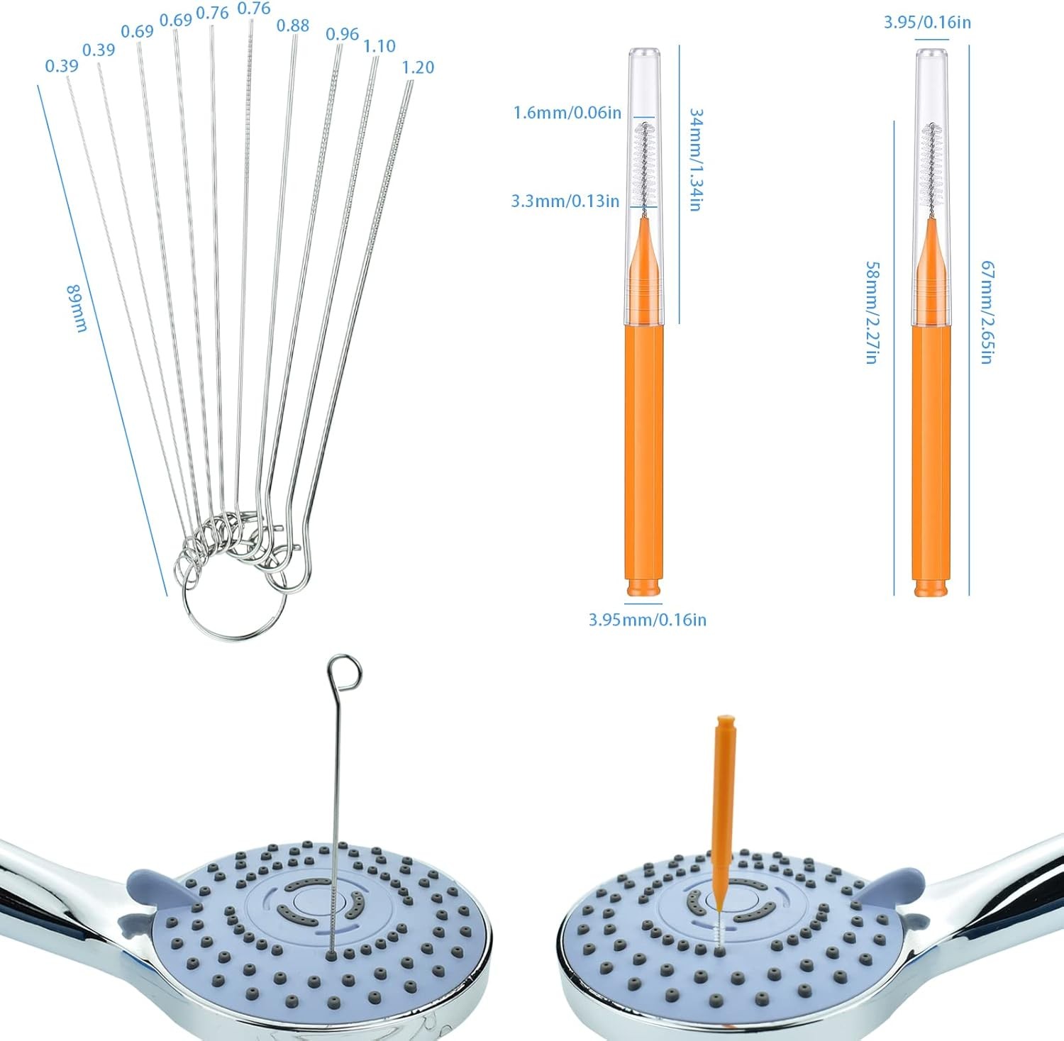 Shower Head Cleaner, 10PCS Stainless Steel Picks & 15PCS Orange Nylon Bristle Br