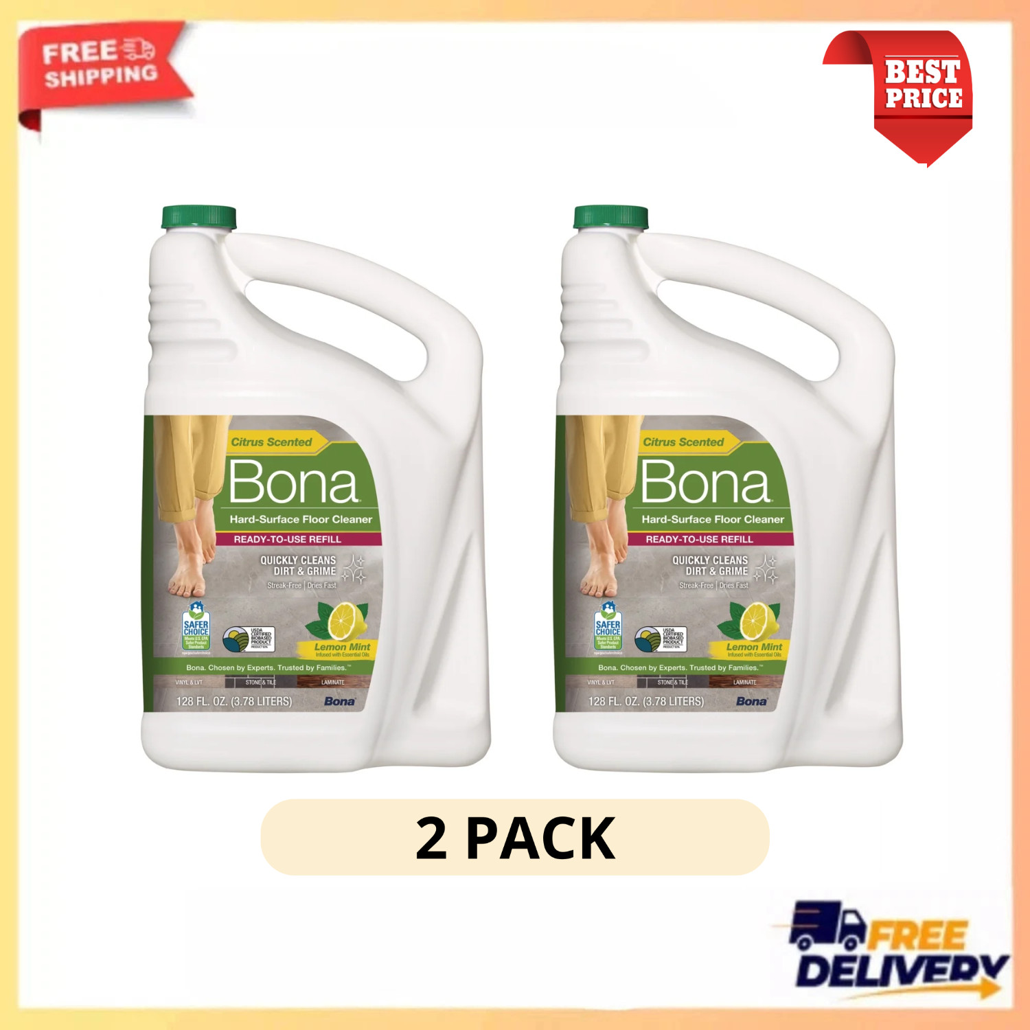 2 Pack Bona Hard Surface Floor Cleaner 128 oz Lemon Mint Fast Dry Formula