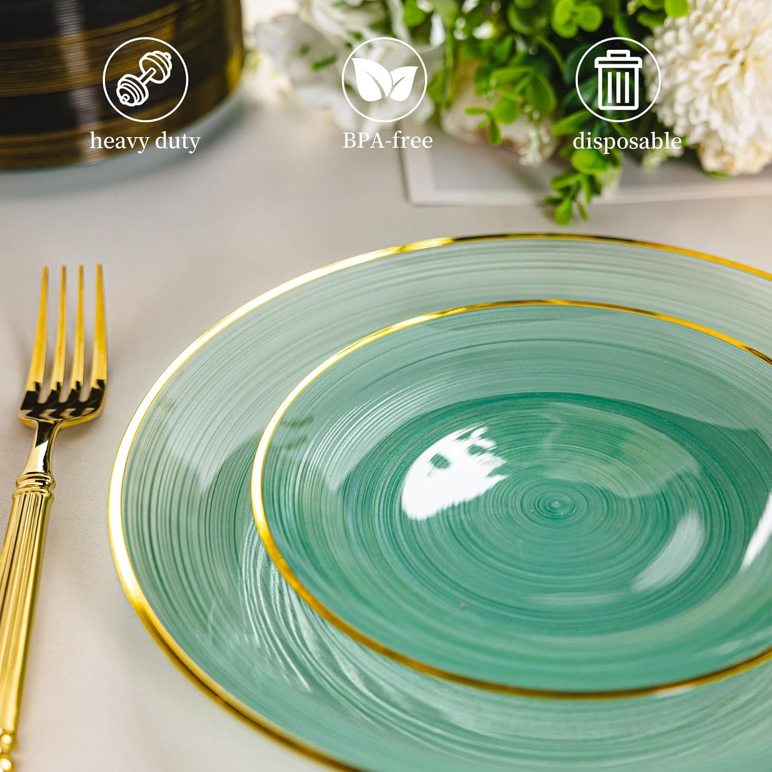 100PCS Transparent Green Gold Plastic Plates, 10 Inch Heavy Duty Disposable Di