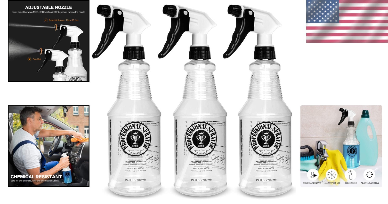 Plastic Spray Bottle 24oz 3 Pack for Cleaning Solutions, Car Detailing Care, …