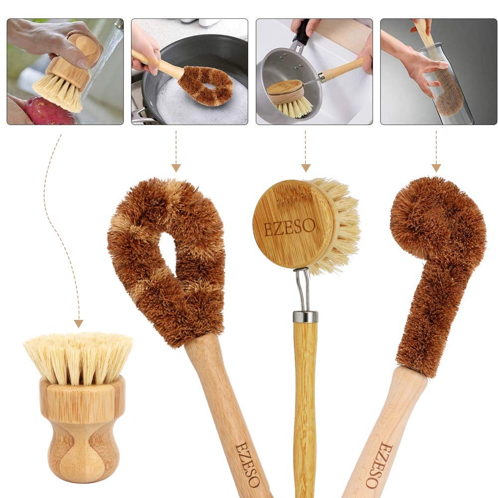 Natural Kitchen Brush Bamboo Dish Scrub Brush, Ezeso Cleaning Brush Set 4 Pie…