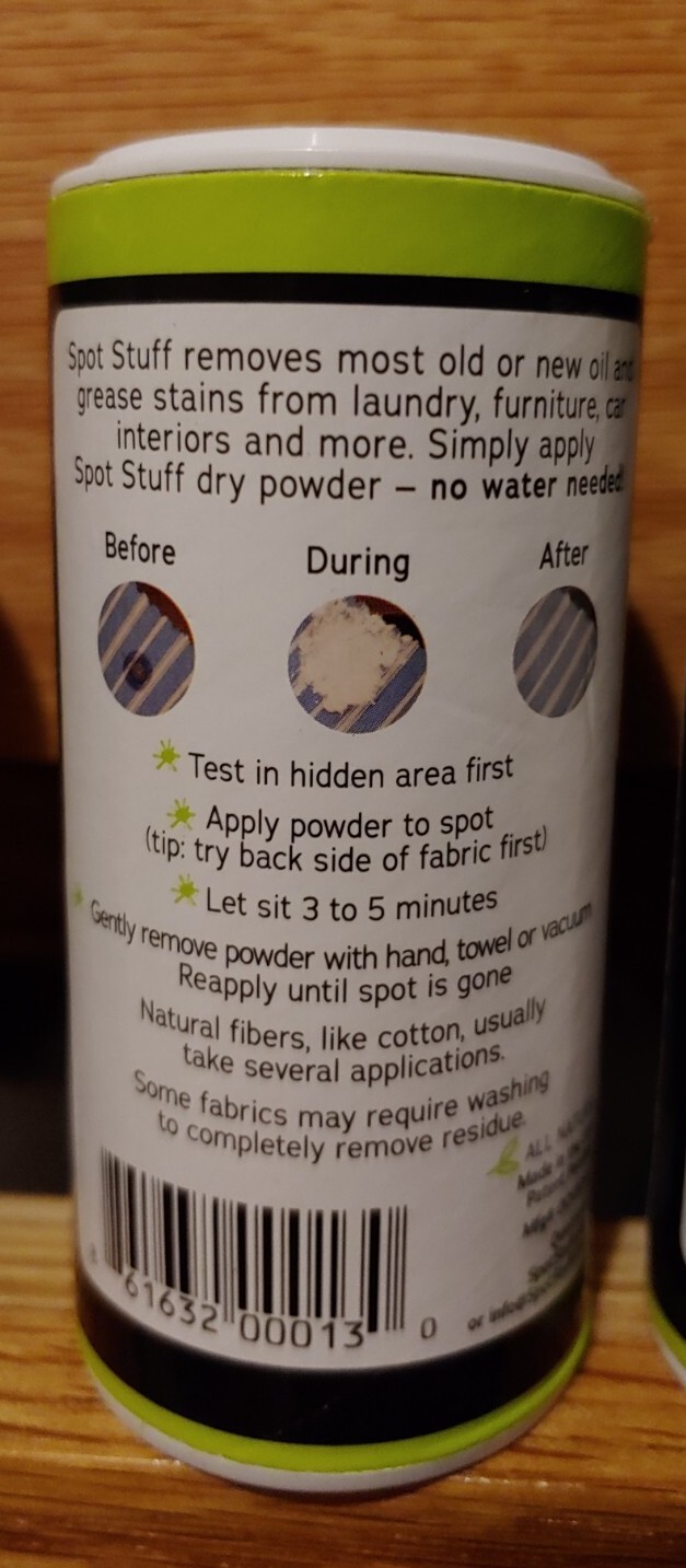 Lot 2 SPOT STUFF Dry Powder Oil & Grease Stain Remover for use on Fabric, Carpet