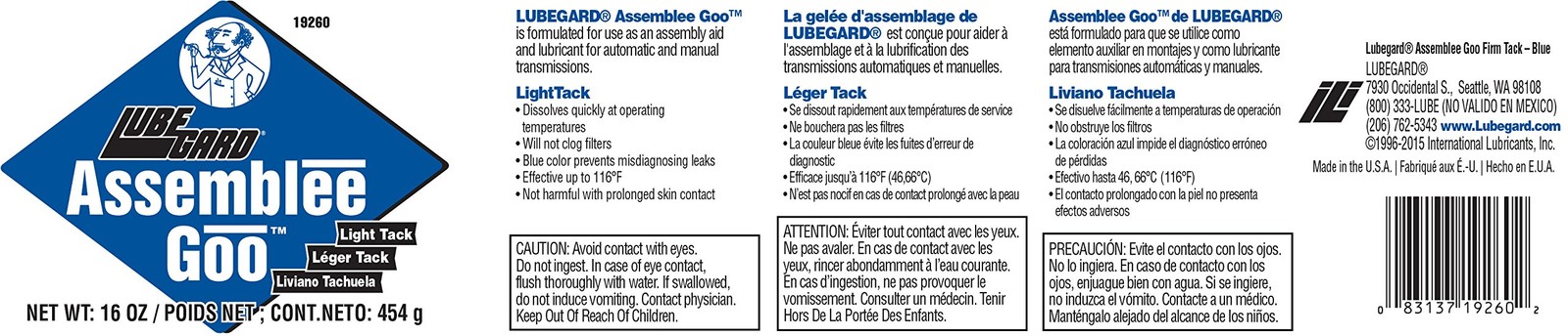 19260 Assemblee Goo, Blue, Light Tack Lubricant, 16 oz.