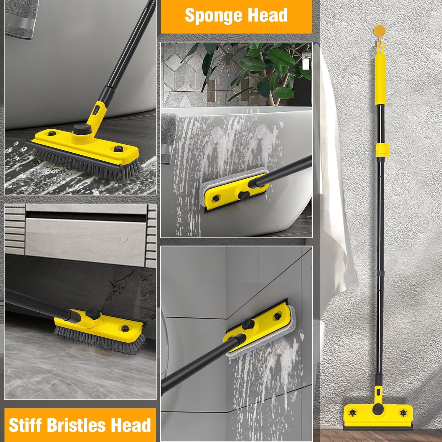 Shower Cleaning Brush, 53.5 Inches Long Handle Scrubbing Brush, 3-In-1 Bathroom