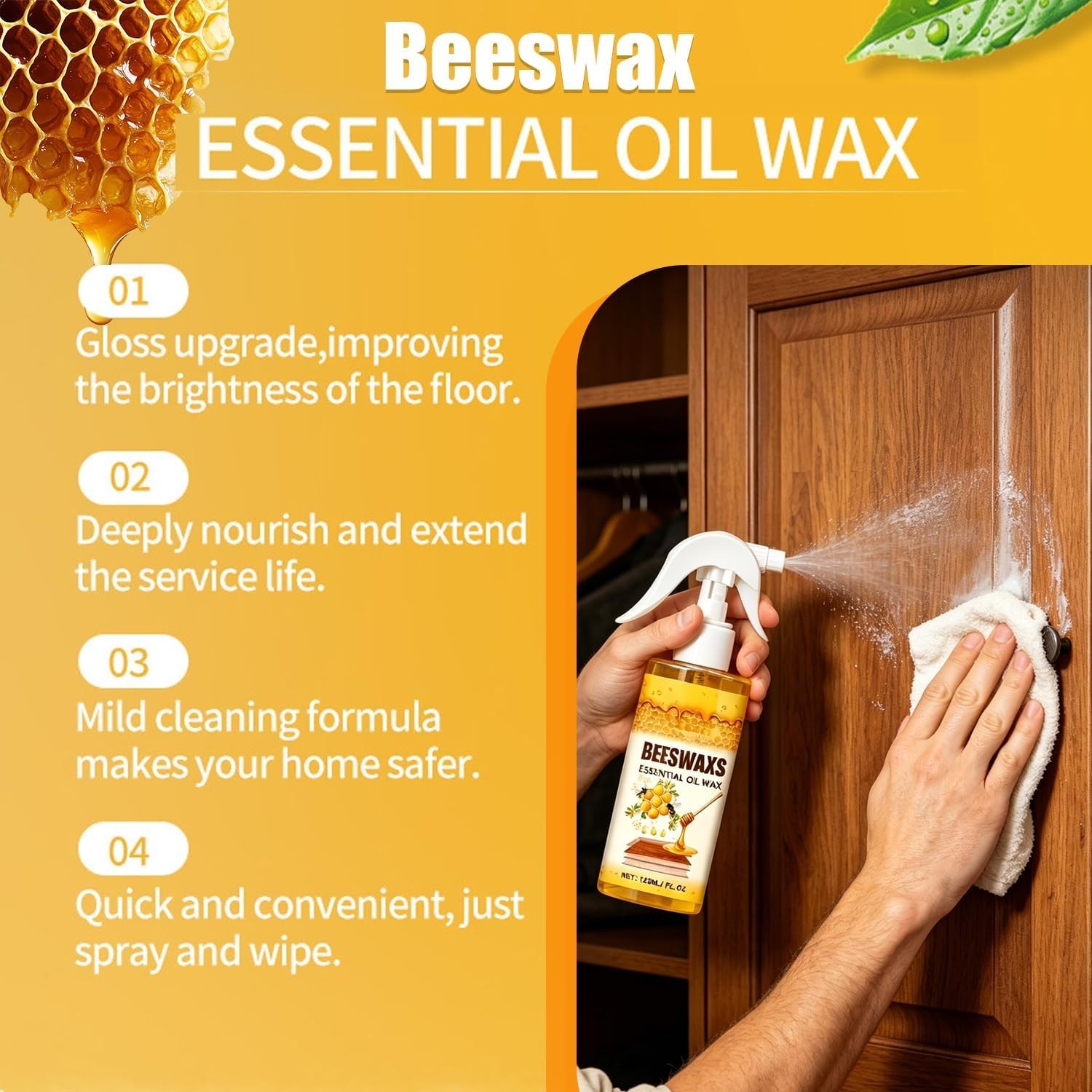 Natural Beeswax Polish Spray, Wood Furniture & Floor Cleaning Care