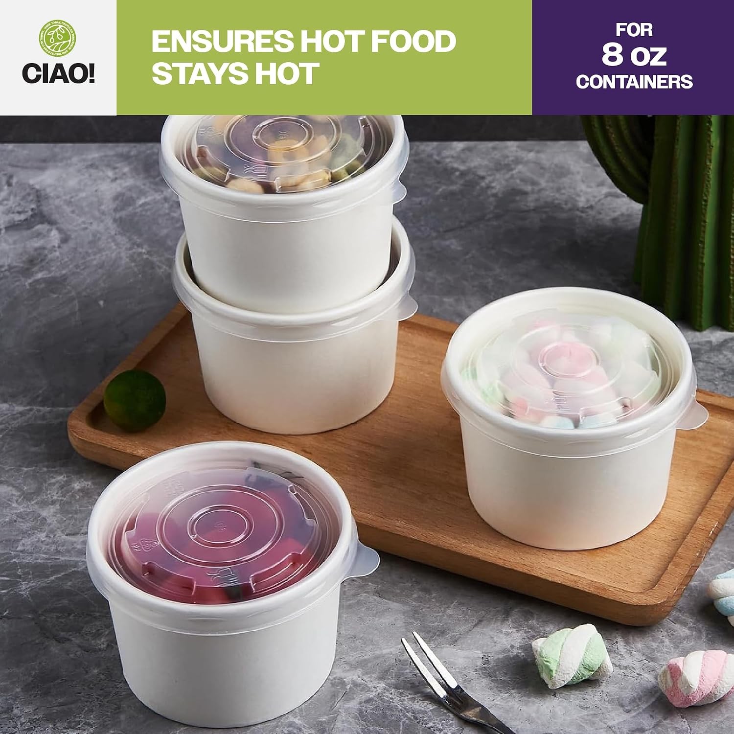 CIAO! 90mm Diameter PP Lid, Designed and Fit BRAND 8oz Paper Food Container (1