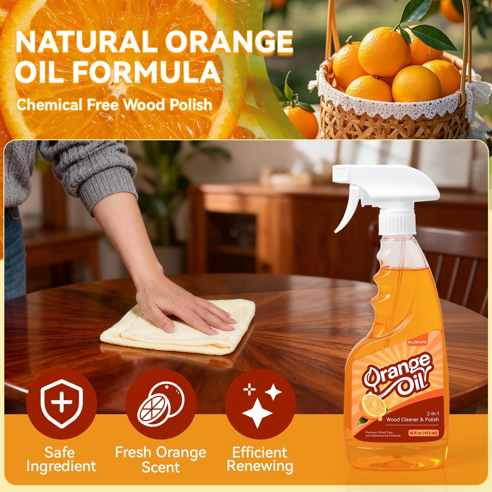 2-in-1 Furniture Polish Wood Cleaner – 2Pack Natural Orange Oil Spray Protect…