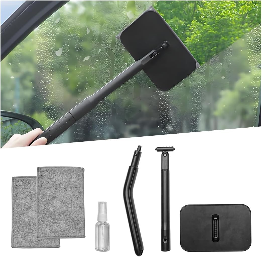 Effortless Vehicle Window Cleaner with Extendable Handle & 2 Microfiber Pads