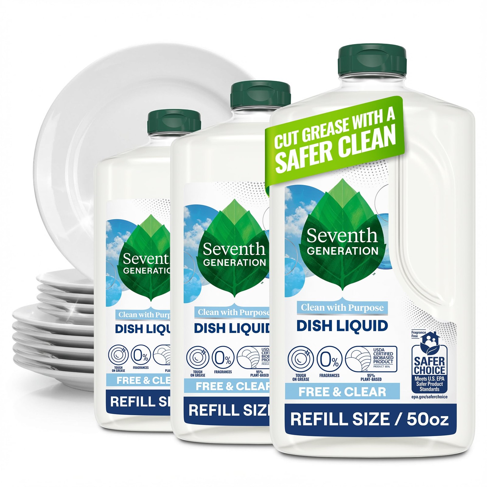 Seventh Generation Dish Soap Refill, Free and Clear, 50 fl oz, 3 Pack, Plant-…