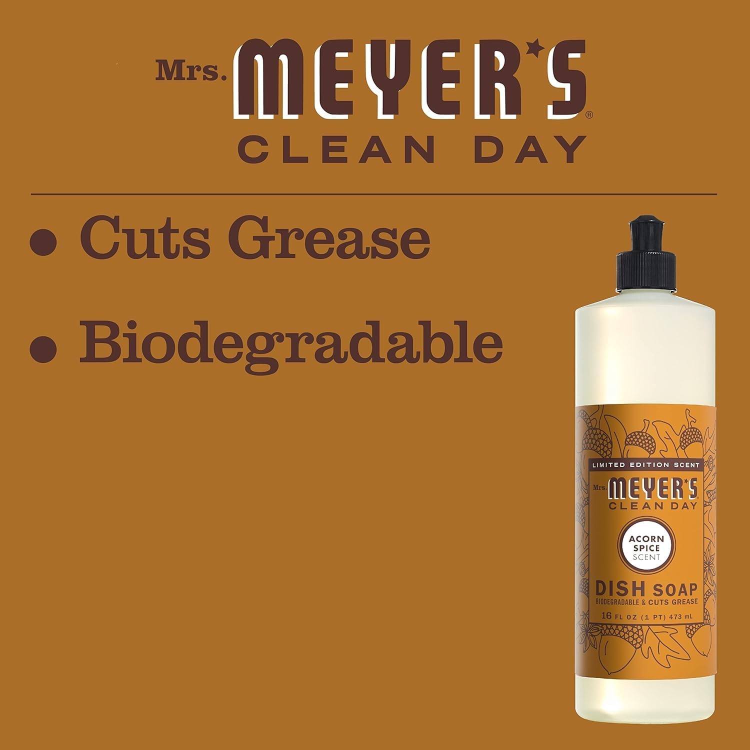 MRS. MEYER’S CLEAN DAY Liquid Dish Soap Acorn Spice 16 fl. oz – Pack of 3