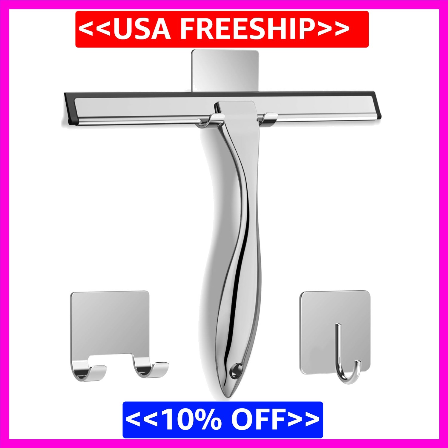 All-Purpose Stainless Steel Shower Squeegee for Shower Glass Door with 2 Adhe…