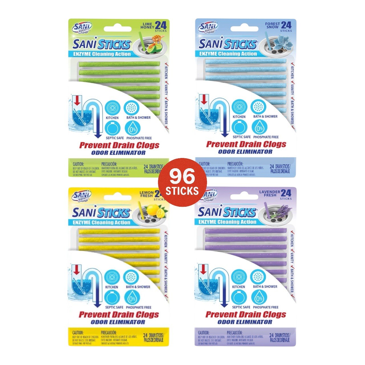 SANI 360° Sani Sticks Drain Cleaner and Deodorizer Bundle, 4 Scents, 96 Count