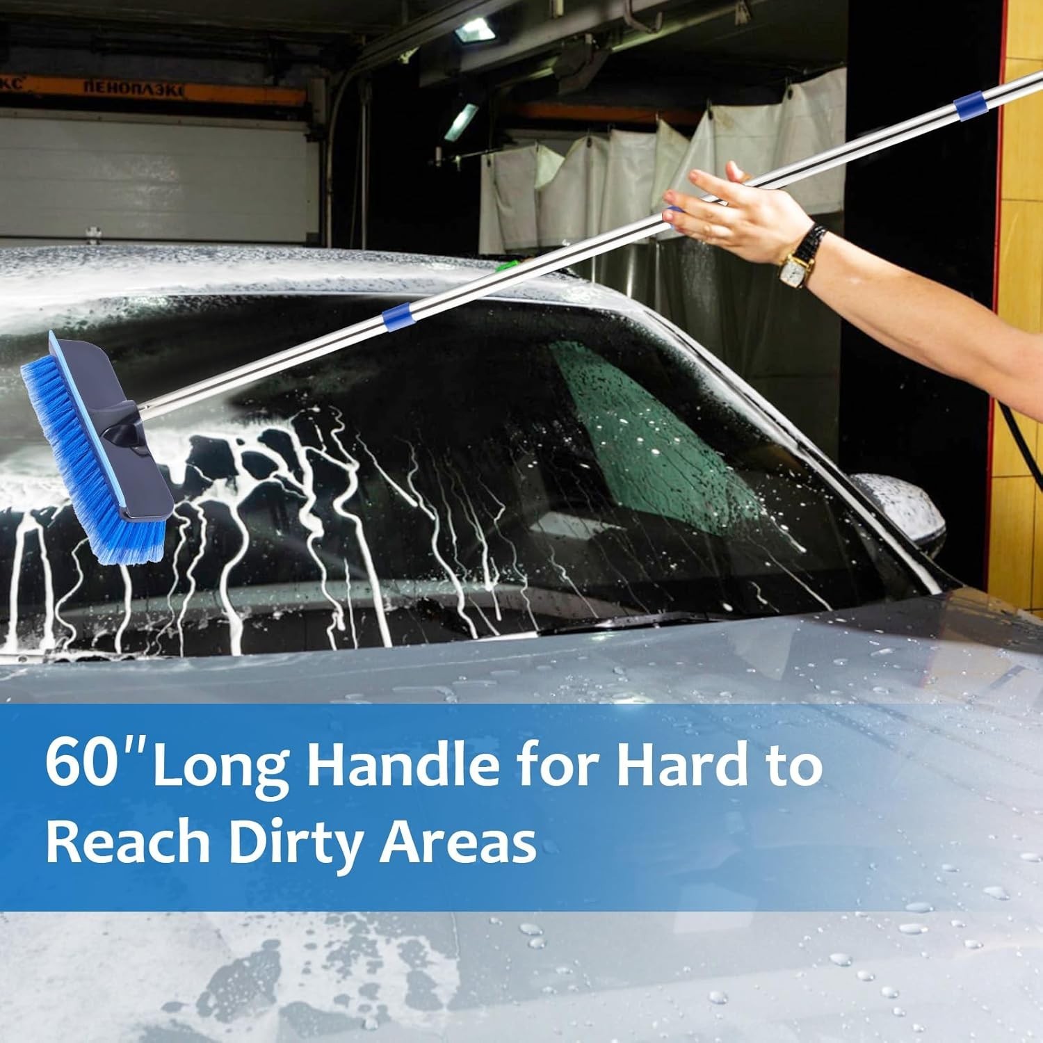 60″ Car Wash Brush with Long Handle, Soft Bristle Washing Standardd, Blue