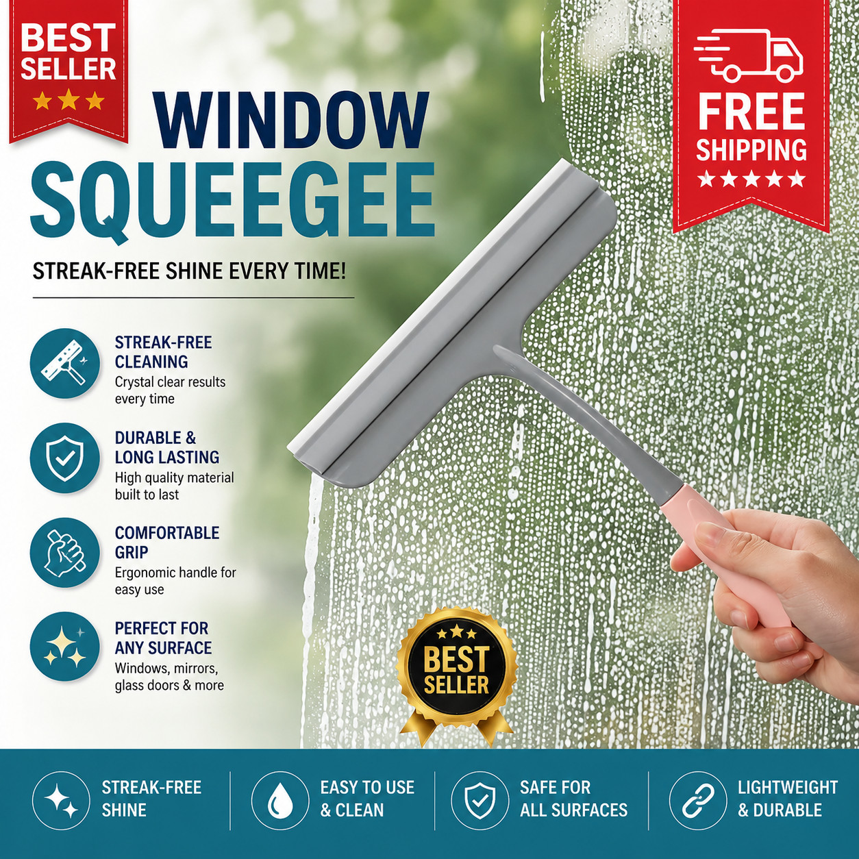 Silicone Glass Scraper with Anti-Slip Handle for Window and Glass Cleaning Tool