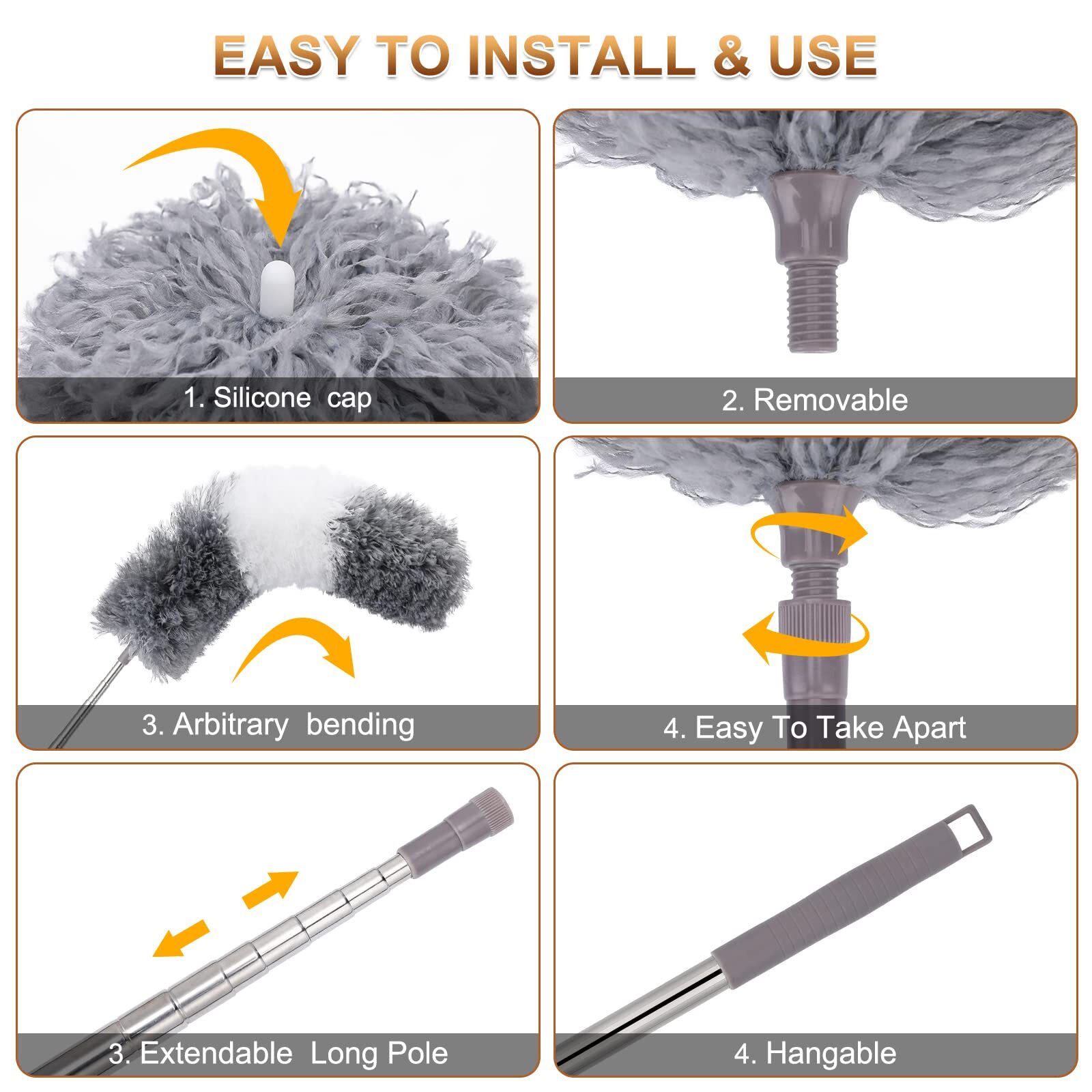 Microfiber Duster Set 9 Pcs Extendable 30-100 Inches for Fans Ceilings