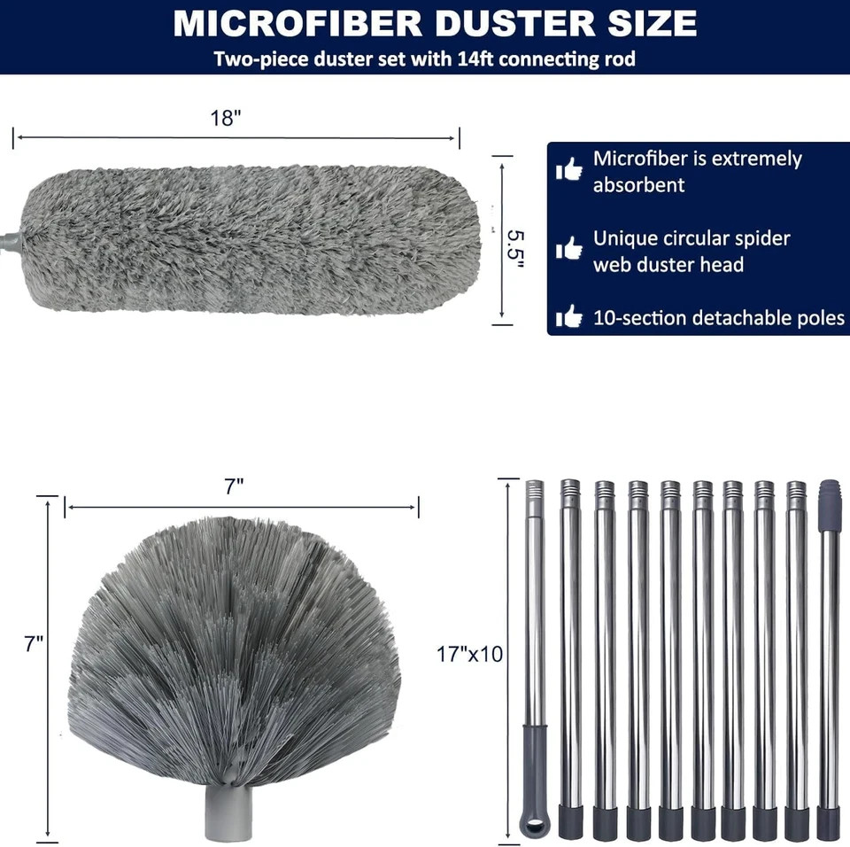 20 Ft+ High Reach Cobweb Dusting Kit with 3-14 Ft Extension Pole/Spider Web Brus