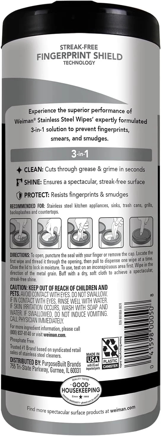 Weiman Stainless Steel Cleaner, 30 Count Wipes, Anti-Fingerprint, Removes Grease