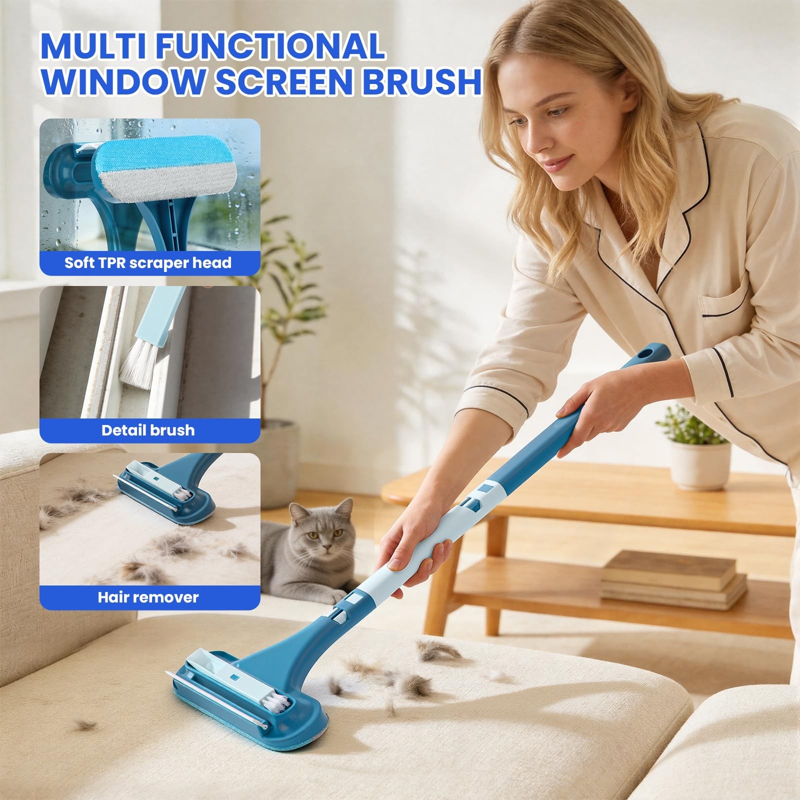 2-in-1 Screen Cleaning Brush with Squeegee – Window Mesh Cleaner & Pet Hair f…