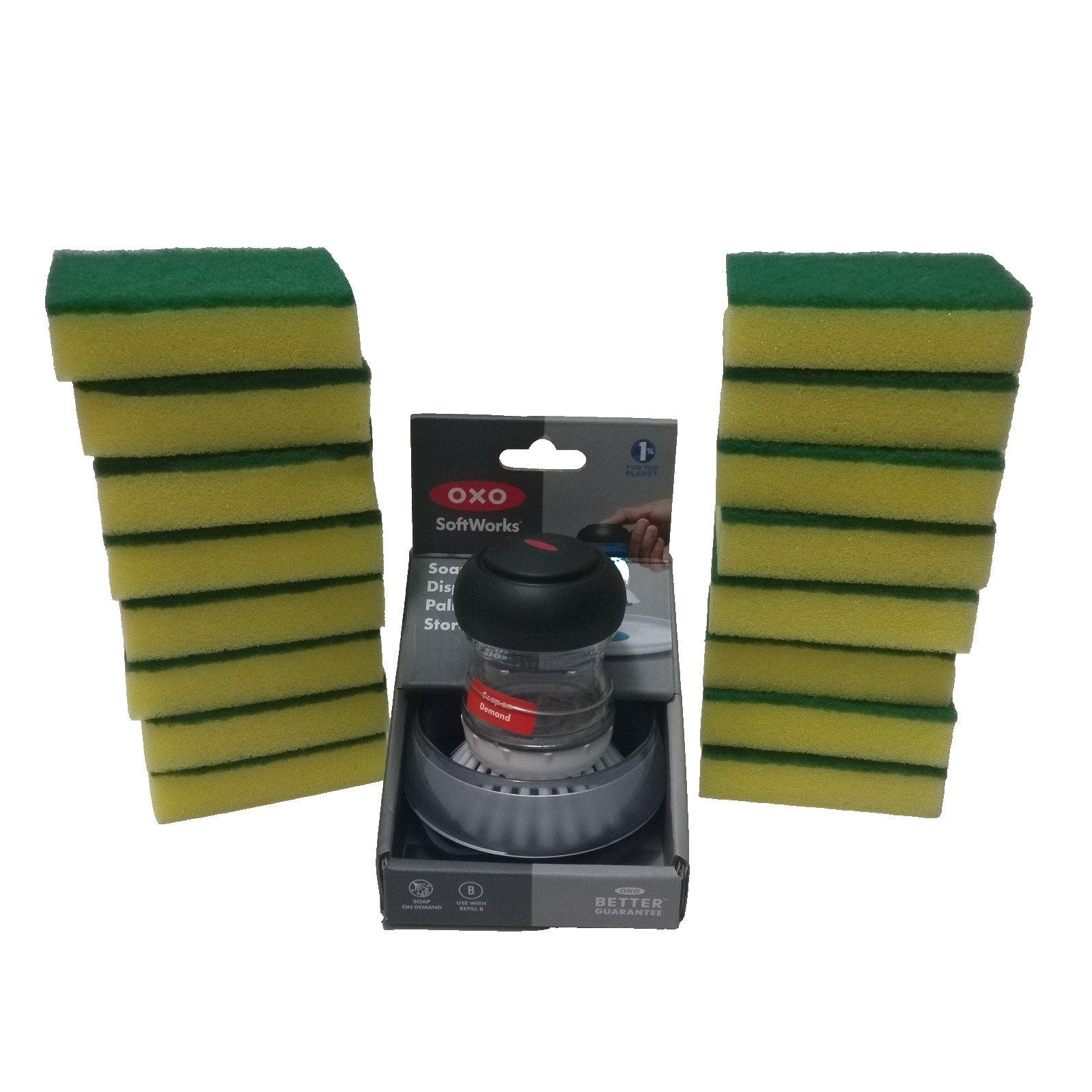 Oxo soap dispensing palm brush storage set and 16 Unbranded Scrub Sponges