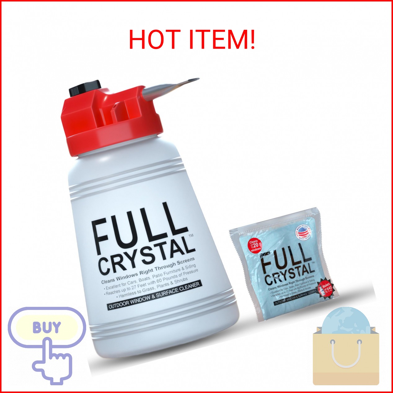 Full Crystal Window Cleaning Kit – 4 oz Glass Cleaner and Bottle with 27 ft Reac