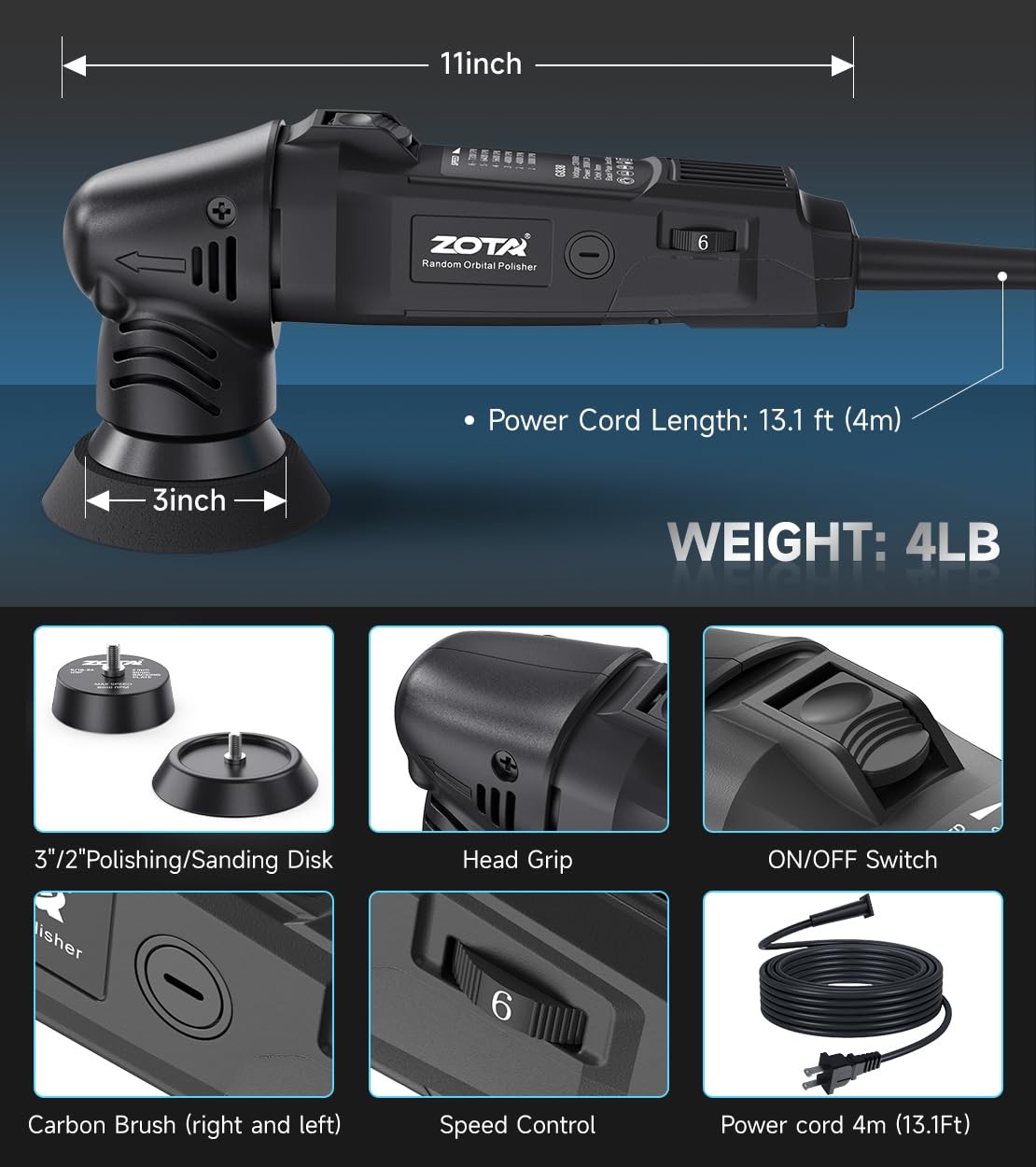 ZOTA Mini Buffer Polisher,2″/3″-8mm Random Orbital polisher,Lightweight Profe…