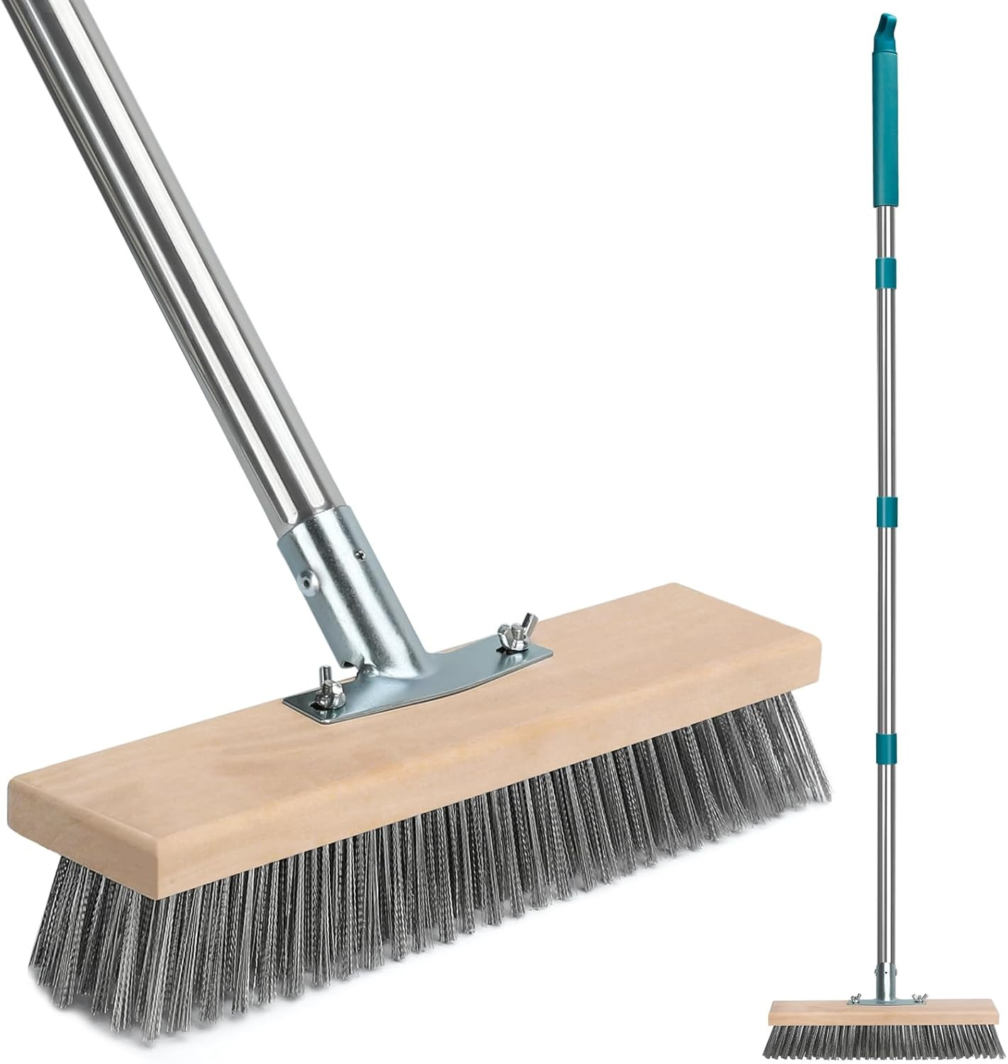 Stainless Steel Deck Scrub Brush with Long Handle, Outdoor Broom for Concrete, D