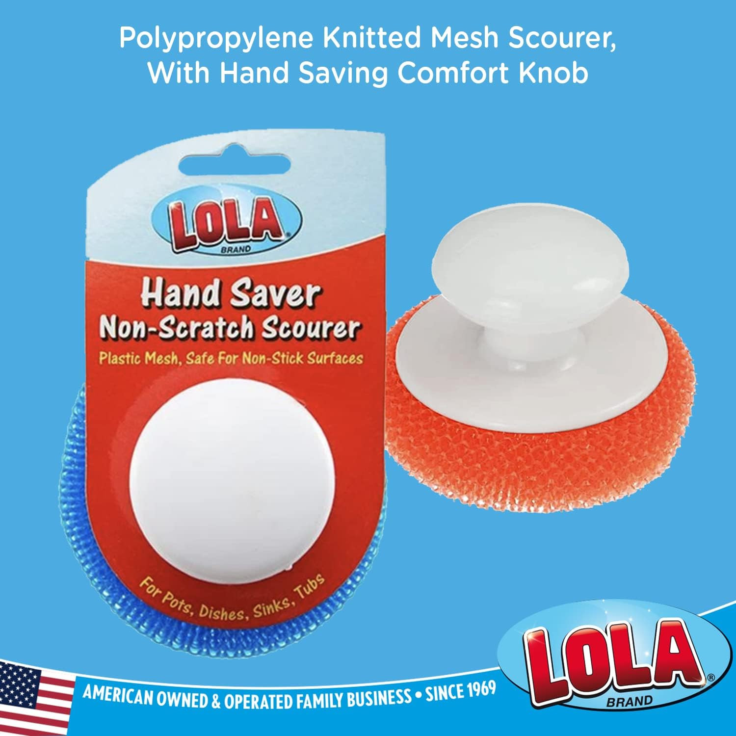 Plastic Mesh Non-Scratch Scouring Pad, Hand Saving Comfort Knob, Red, Blue or Ye