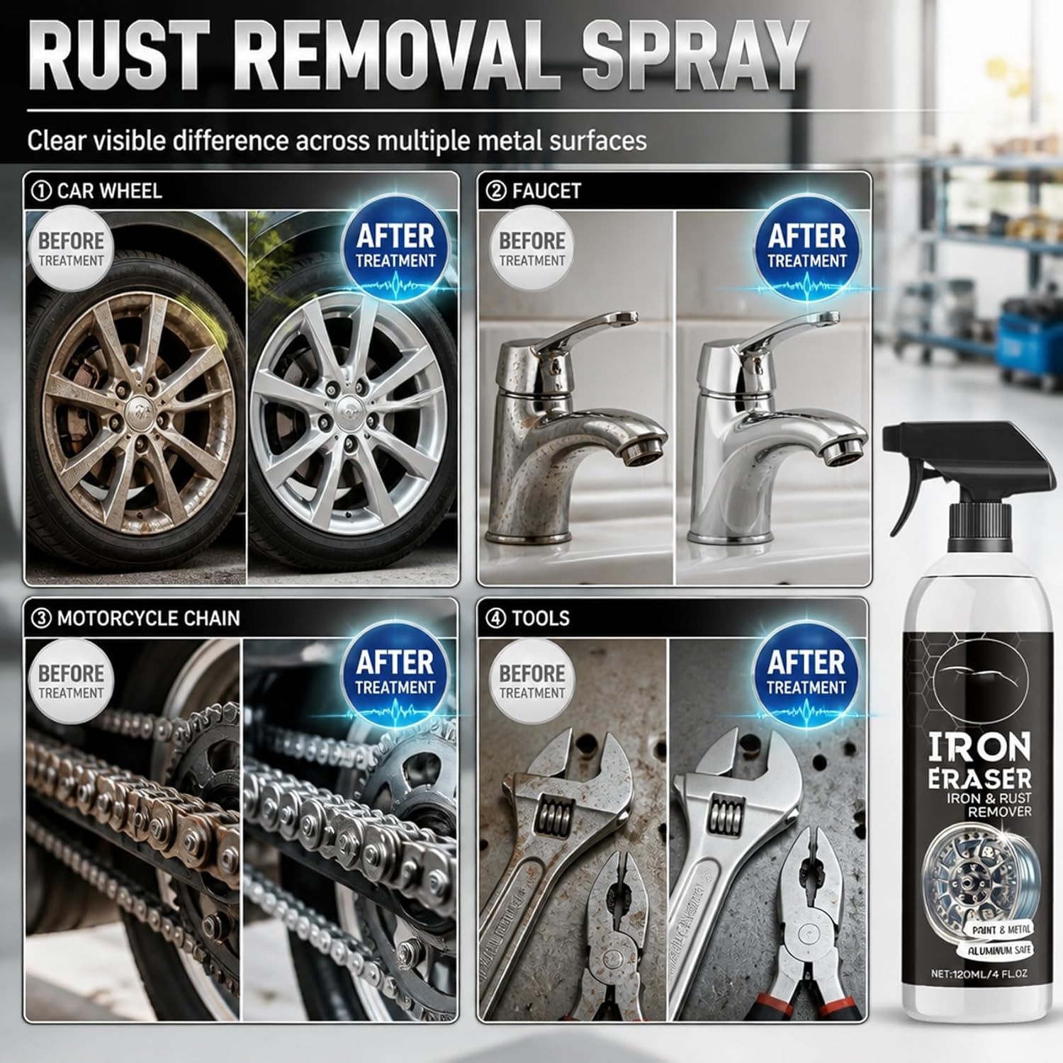 Iron Eraser Rust Remover Spray, Car Wheel Paint Brake Dust Fast Cleaner 120ML US