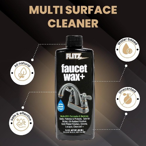 Faucet Wax Plus – 3.4oz Bottle of Water-Based Faucet Cleaner & Polisher for Wate