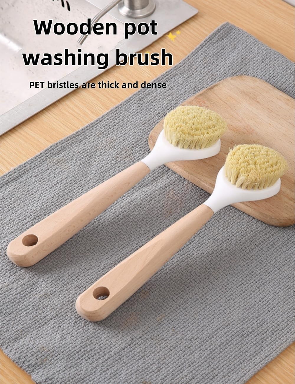 3 Pack Dish Brush Set with Bamboo Handle, Kitchen Brushes for Cleaning Pot, Sink