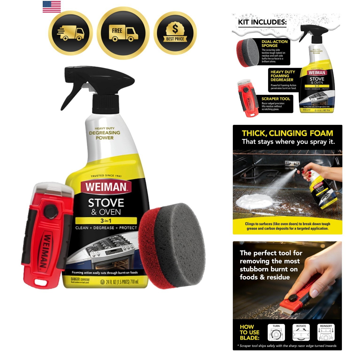 Heavy Duty Stove and Oven Cleaner 3 Piece Total Clean Kit, For Baked on Greas…