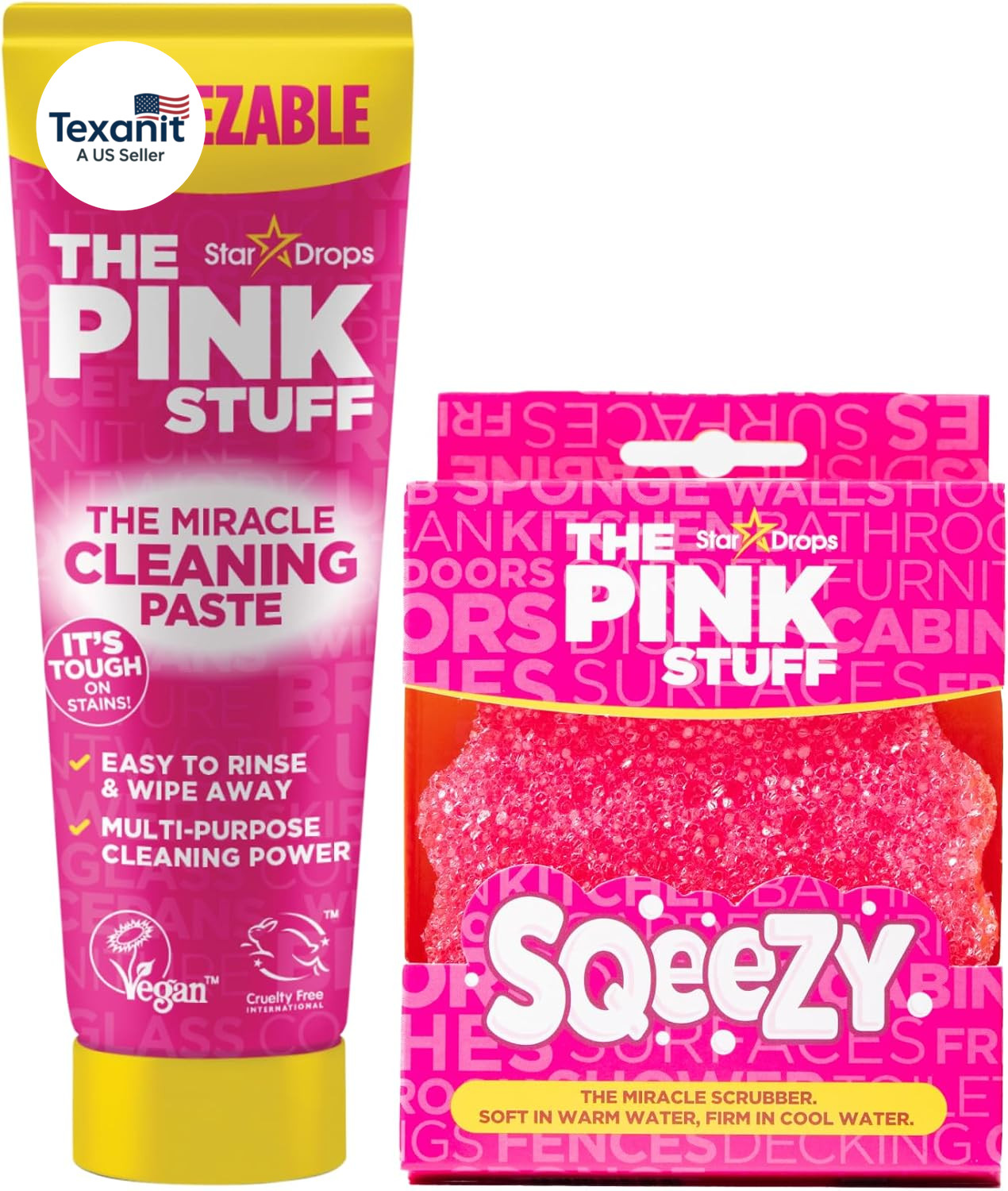 The Pink Stuff Squeezable Cleaning Paste 300G with Sqeezy Scrubber Sponge | Powe