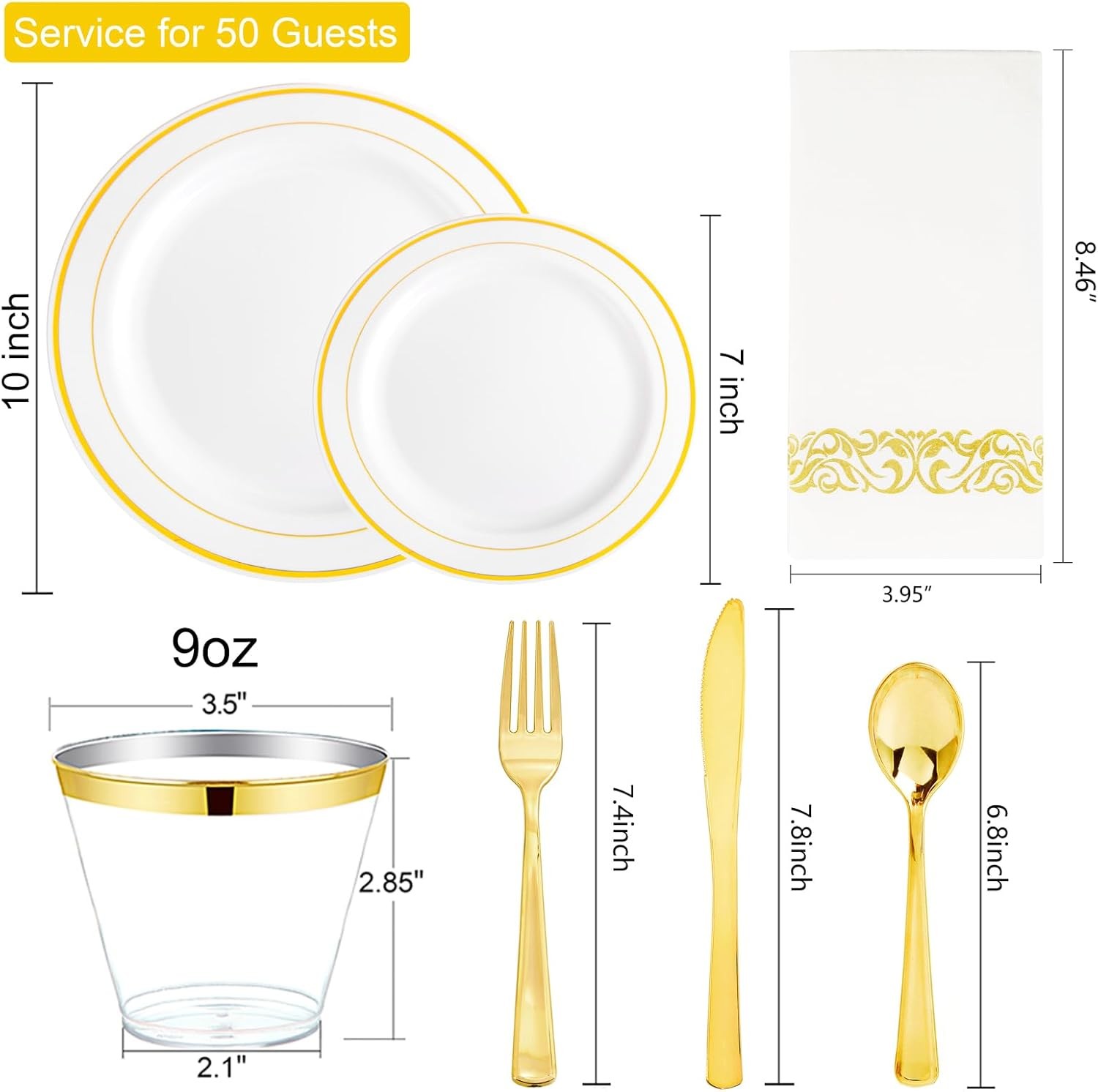 I00000 350Pcs Gold Dinnerware Set for 50 Guests, Gold Plastic Plates for Party