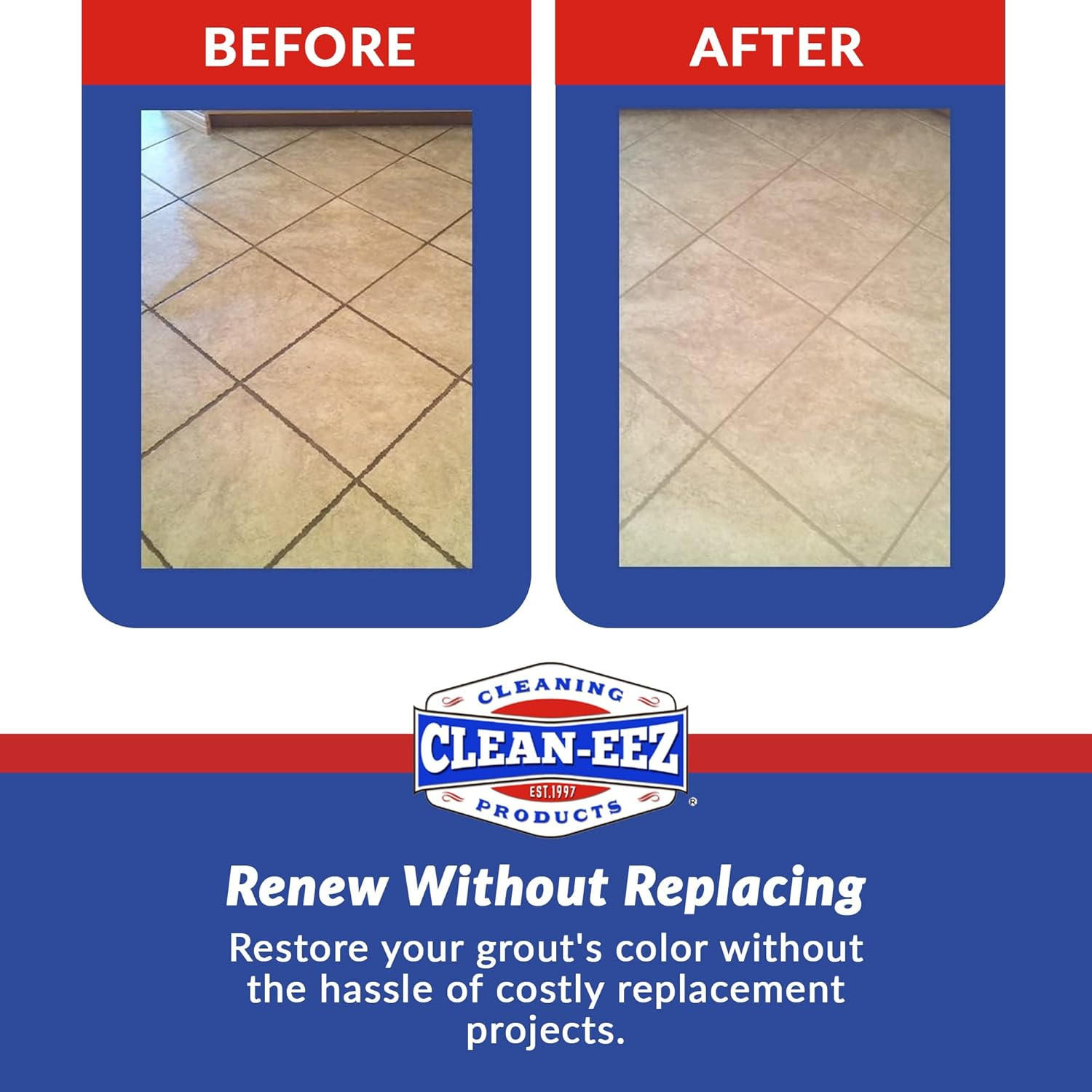 Clean-Eez Grout-Eez Tile Cleaner with Handheld Brush – 32 Oz Heavy-Duty Stain Re