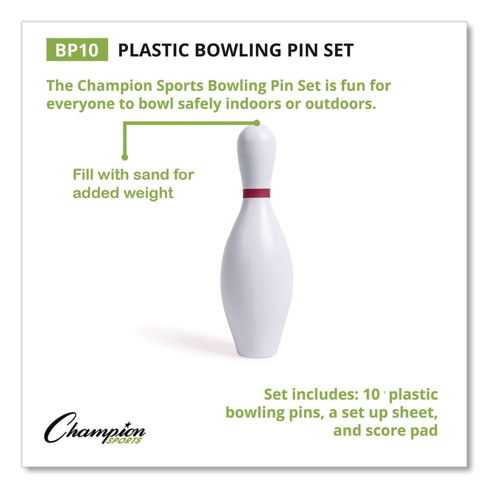 Champion Sports BP10 Plastic Bowling Pin Set – White (10/Set) New