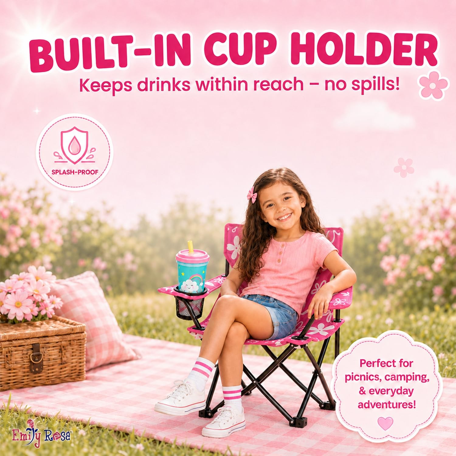Kids Pink Folding Beach Camp Chair with Cup Holder Safety Lock & Carry Case –