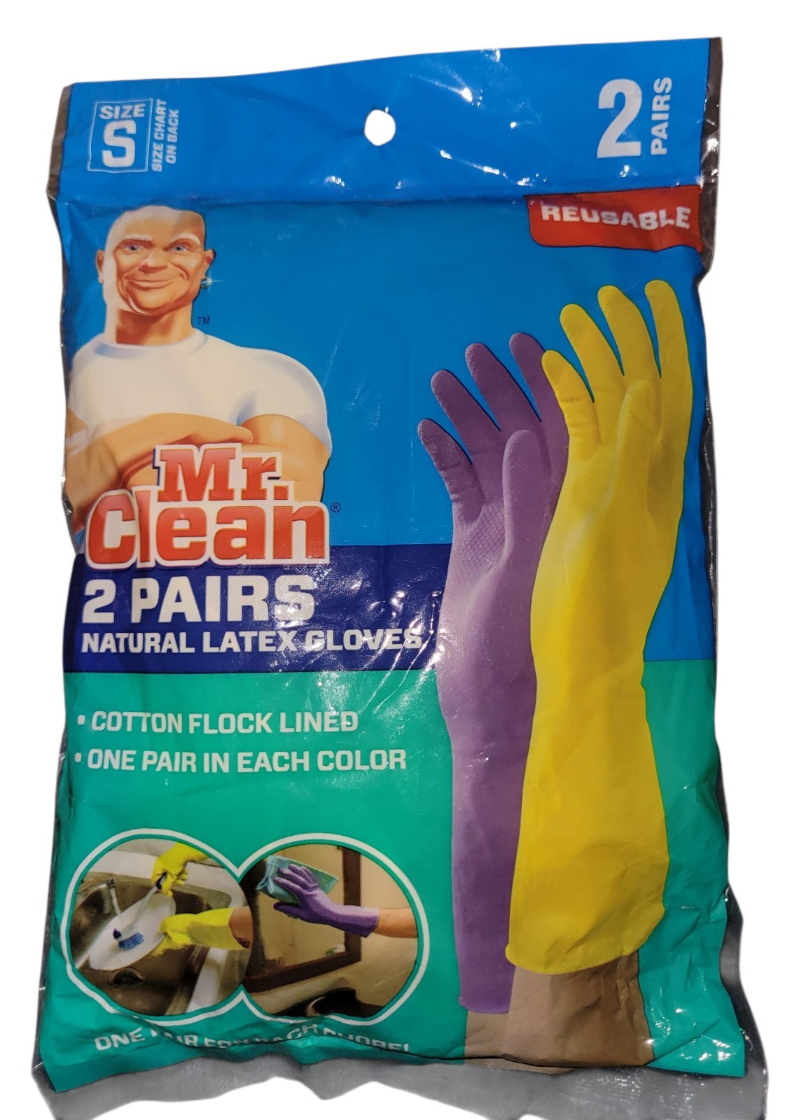 2 Pairs Mr. Clean Natural Latex Gloves Flock Lined Purple & Yellow Size Small