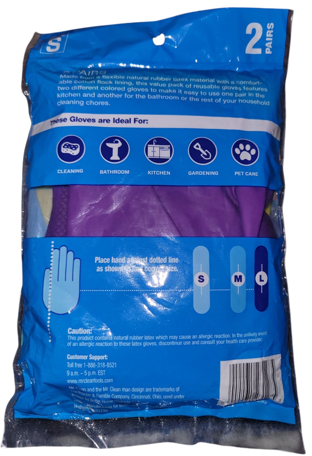 2 Pairs Mr. Clean Natural Latex Gloves Flock Lined Purple & Yellow Size Small