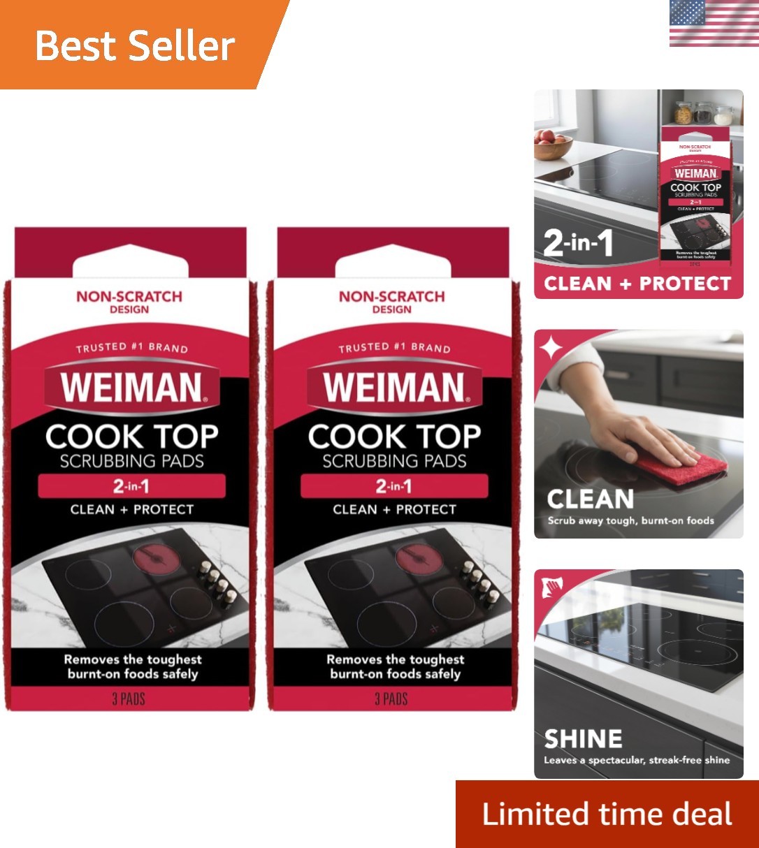 Weiman Cook Top Scrubbing Pads 3 Count – Effortless Stain Removal for Porcelain