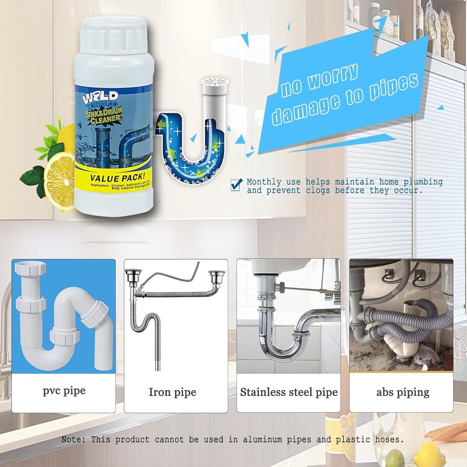 Wild Tornado Pipe Dredge, Powerful Sink& Drain Cleaner Powder,Fast Foaming Drain