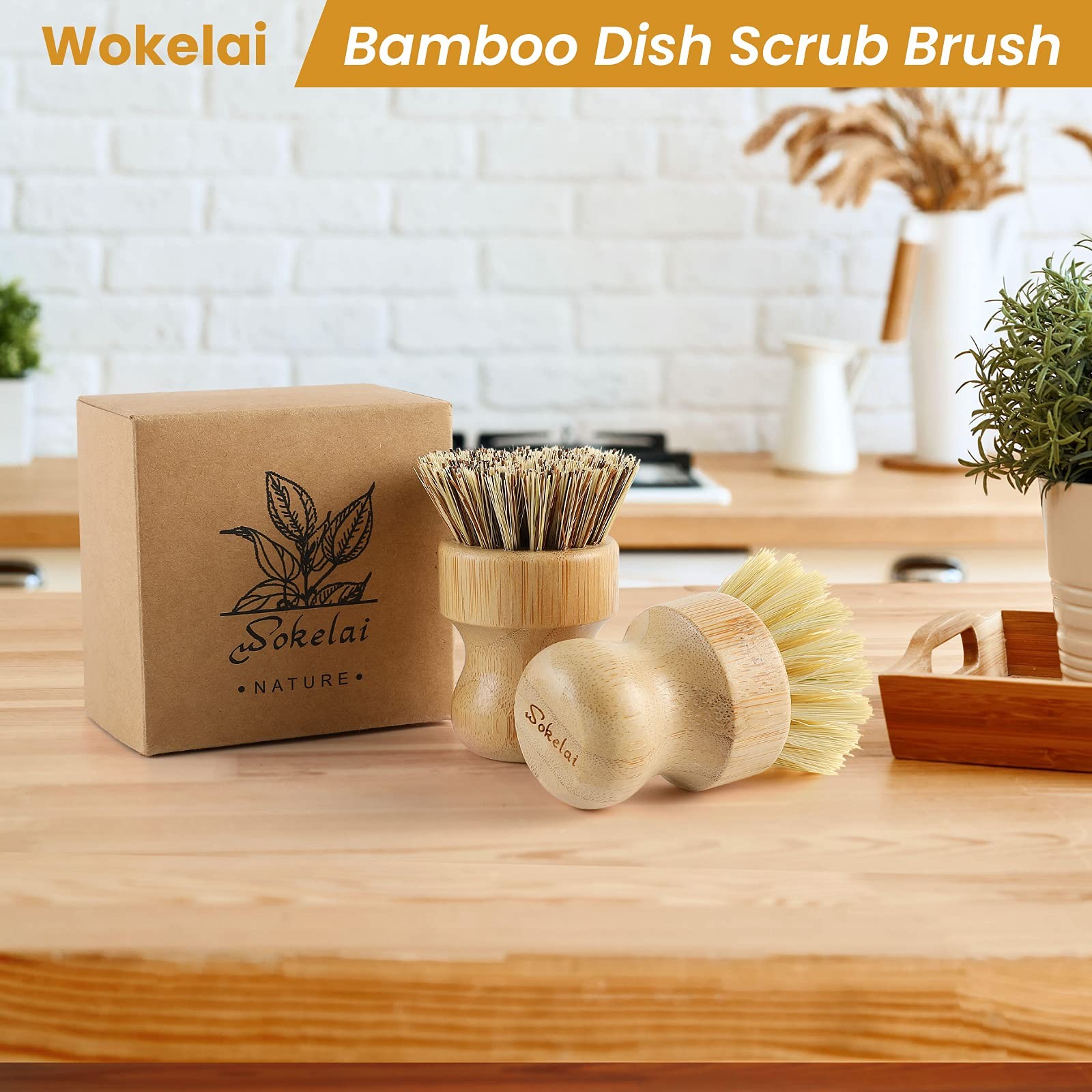 Bamboo Dish Scrub Brushes Set for Kitchen – Wooden Cleaning Scrubbers Brushes E
